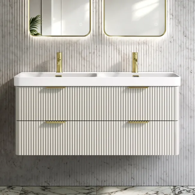 Cadiz Fluted Linen White Wall Hung Double Basin Drawer Vanity 1200mm - Brushed Brass Accents