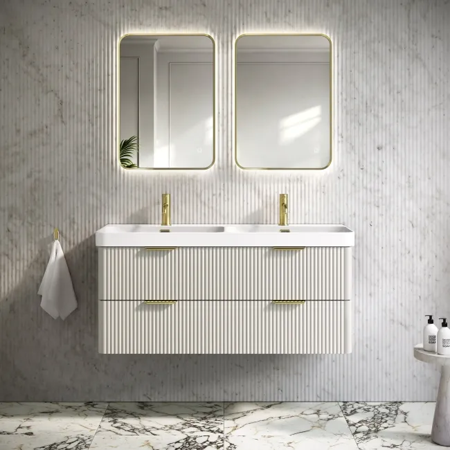 Cadiz Fluted Linen White Wall Hung Double Basin Drawer Vanity 1200mm - Brushed Brass Accents