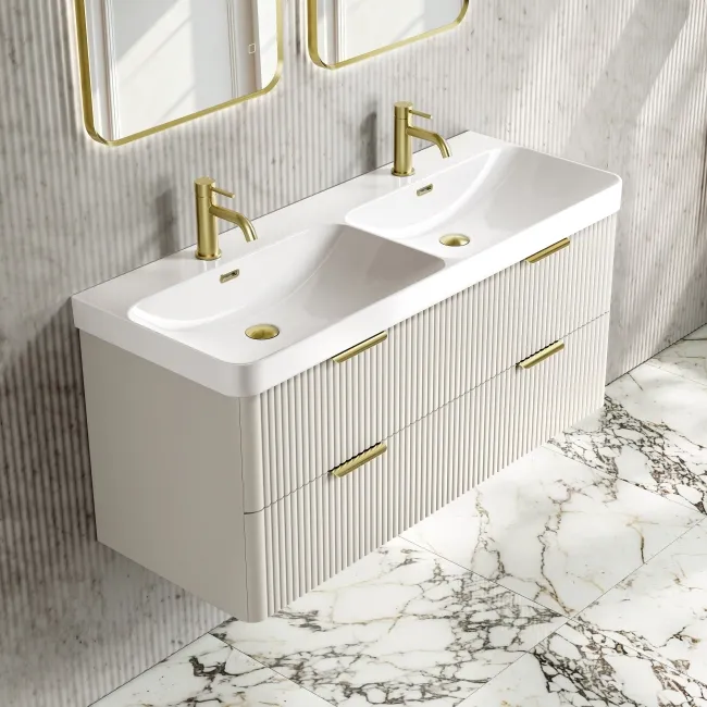 Cadiz Fluted Linen White Wall Hung Double Basin Drawer Vanity 1200mm - Brushed Brass Accents