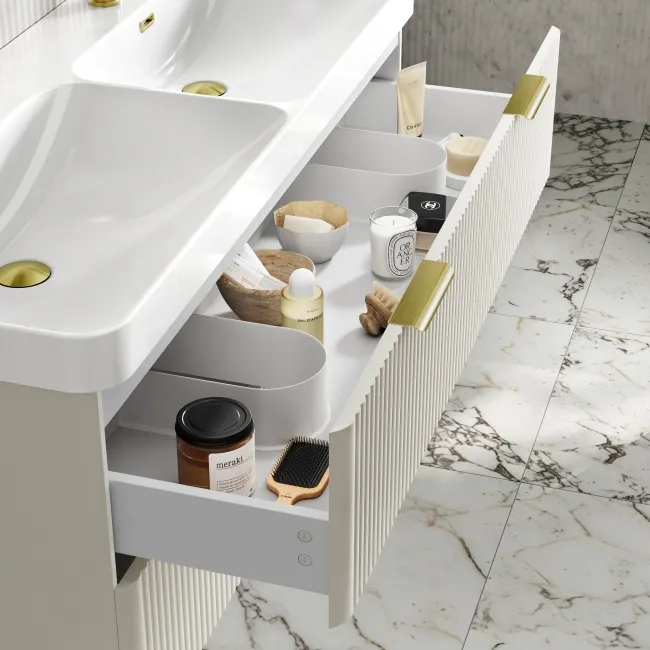 Cadiz Fluted Linen White Wall Hung Double Basin Drawer Vanity 1200mm - Brushed Brass Accents