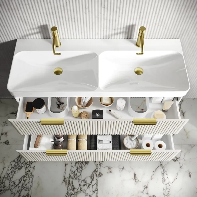 Cadiz Fluted Linen White Wall Hung Double Basin Drawer Vanity 1200mm - Brushed Brass Accents