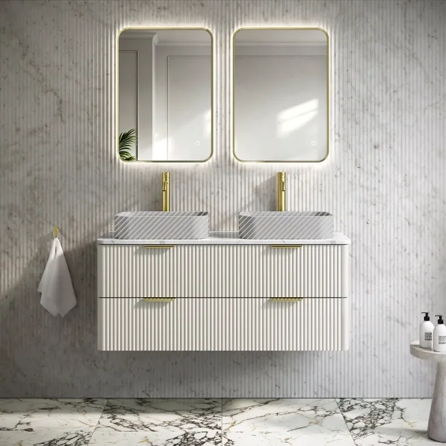 Cadiz Fluted Linen White Double Wall Hung Drawer Vanity with Marble Top 1200mm (Excludes Basin) - Brushed Brass Accents