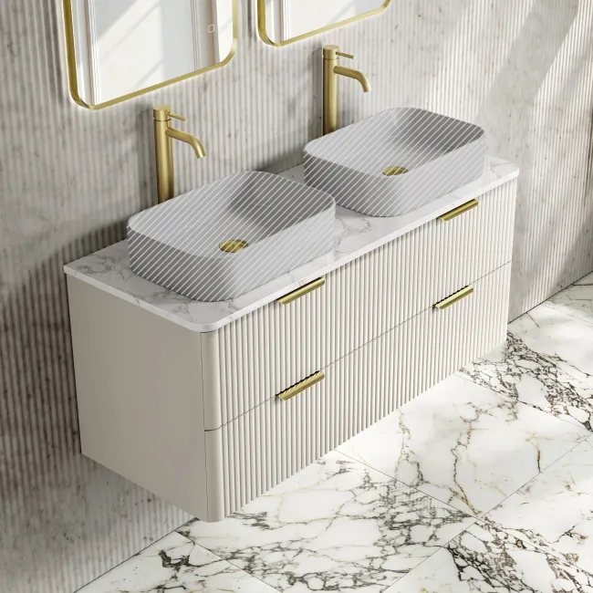 Cadiz Fluted Linen White Double Wall Hung Drawer Vanity with Marble Top 1200mm (Excludes Basin) - Brushed Brass Accents
