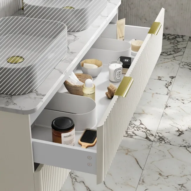 Cadiz Fluted Linen White Double Wall Hung Drawer Vanity with Marble Top 1200mm (Excludes Basin) - Brushed Brass Accents