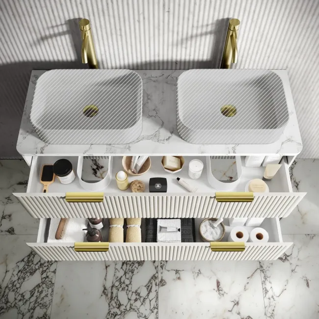 Cadiz Fluted Linen White Double Wall Hung Drawer Vanity with Marble Top 1200mm (Excludes Basin) - Brushed Brass Accents