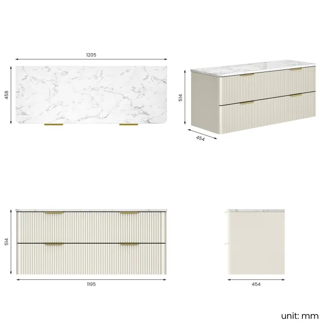 Cadiz Fluted Linen White Double Wall Hung Drawer Vanity with Marble Top 1200mm (Excludes Basin) - Brushed Brass Accents