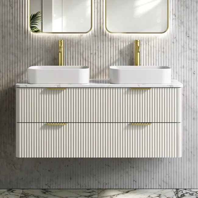 Cadiz Fluted Linen White Double Wall Hung Drawer Vanity with Marble Top & Marin Basin 1200mm - Brushed Brass Accents