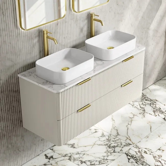 Cadiz Fluted Linen White Double Wall Hung Drawer Vanity with Marble Top & Marin Basin 1200mm - Brushed Brass Accents