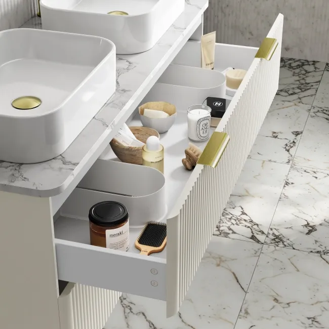 Cadiz Fluted Linen White Double Wall Hung Drawer Vanity with Marble Top & Marin Basin 1200mm - Brushed Brass Accents