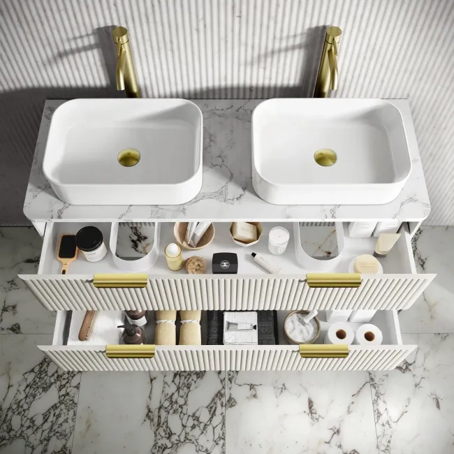 Cadiz Fluted Linen White Double Wall Hung Drawer Vanity with Marble Top & Marin Basin 1200mm - Brushed Brass Accents