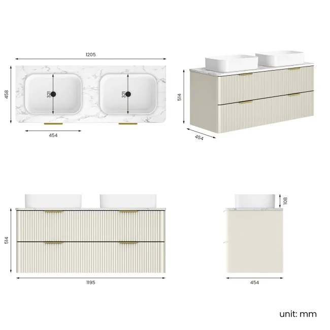 Cadiz Fluted Linen White Double Wall Hung Drawer Vanity with Marble Top & Marin Basin 1200mm - Brushed Brass Accents
