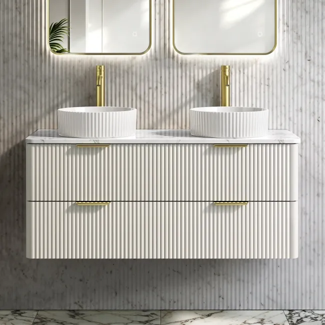 Cadiz Fluted Linen White Double Wall Hung Drawer Vanity with Marble Top & Nevis Basin 1200mm - Brushed Brass Accents