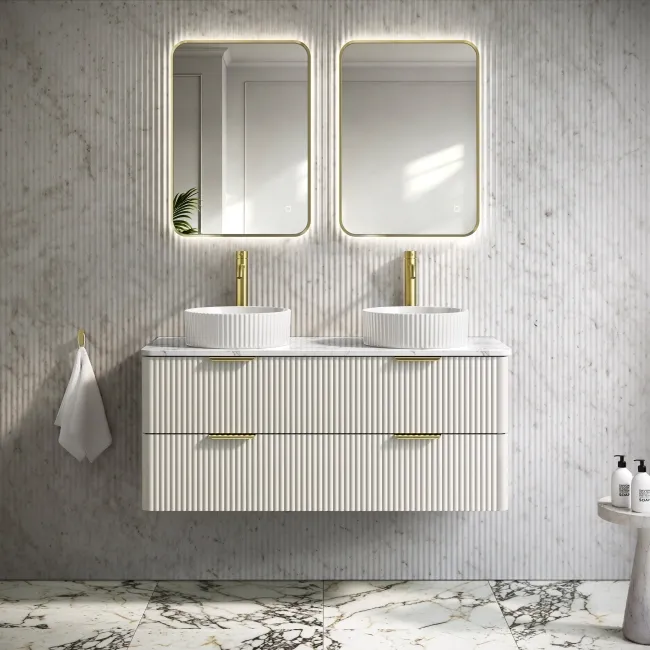 Cadiz Fluted Linen White Double Wall Hung Drawer Vanity with Marble Top & Nevis Basin 1200mm - Brushed Brass Accents