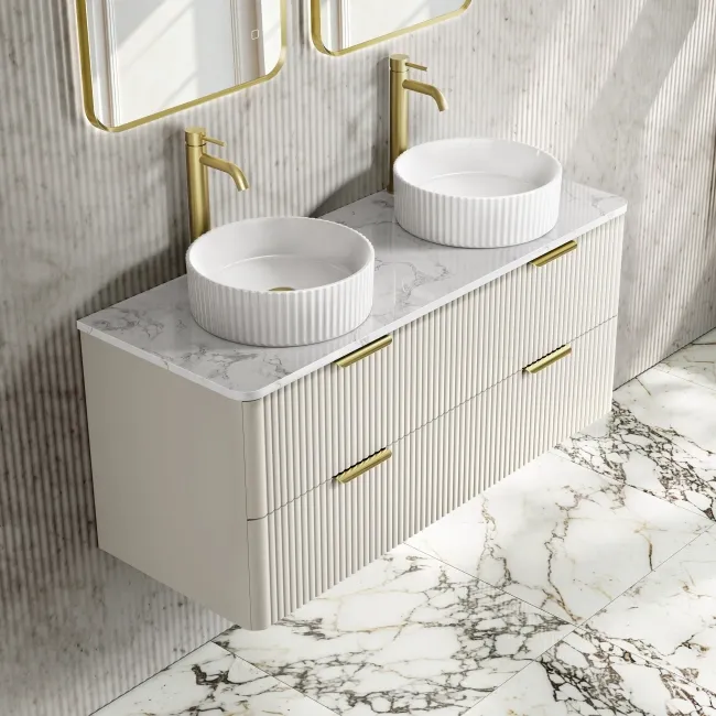 Cadiz Fluted Linen White Double Wall Hung Drawer Vanity with Marble Top & Nevis Basin 1200mm - Brushed Brass Accents