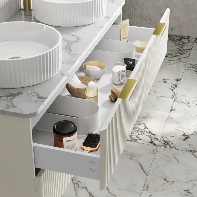 Cadiz Fluted Linen White Double Wall Hung Drawer Vanity with Marble Top & Nevis Basin 1200mm - Brushed Brass Accents
