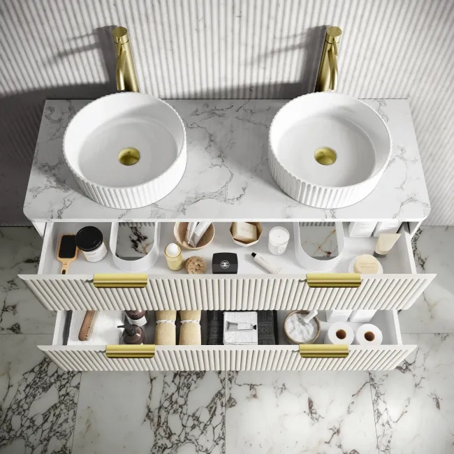 Cadiz Fluted Linen White Double Wall Hung Drawer Vanity with Marble Top & Nevis Basin 1200mm - Brushed Brass Accents