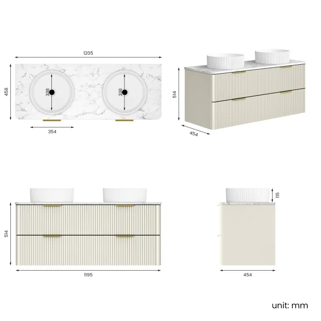 Cadiz Fluted Linen White Double Wall Hung Drawer Vanity with Marble Top & Nevis Basin 1200mm - Brushed Brass Accents