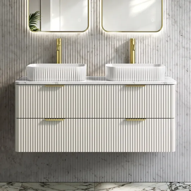 Cadiz Fluted Linen White Double Wall Hung Drawer Vanity with Marble Top & Reno Basin 1200mm - Brushed Brass Accents