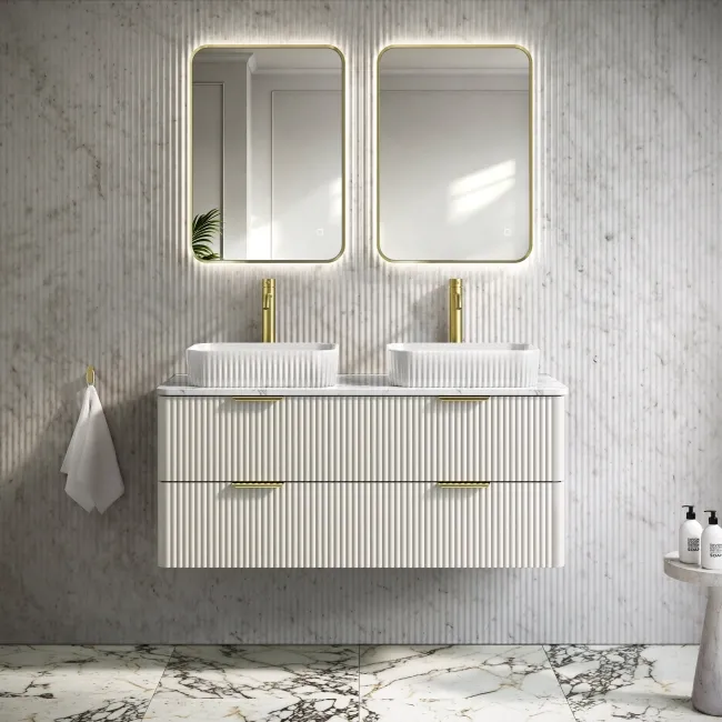 Cadiz Fluted Linen White Double Wall Hung Drawer Vanity with Marble Top & Reno Basin 1200mm - Brushed Brass Accents
