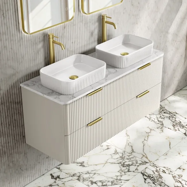 Cadiz Fluted Linen White Double Wall Hung Drawer Vanity with Marble Top & Reno Basin 1200mm - Brushed Brass Accents