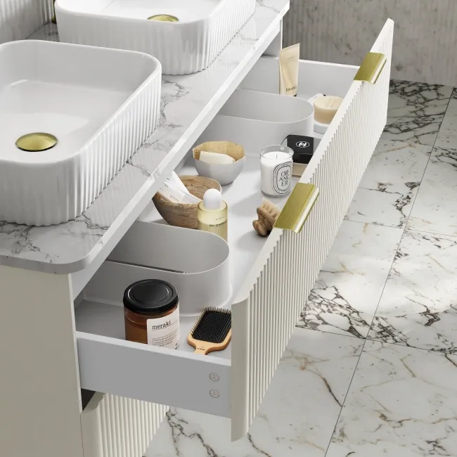 Cadiz Fluted Linen White Double Wall Hung Drawer Vanity with Marble Top & Reno Basin 1200mm - Brushed Brass Accents