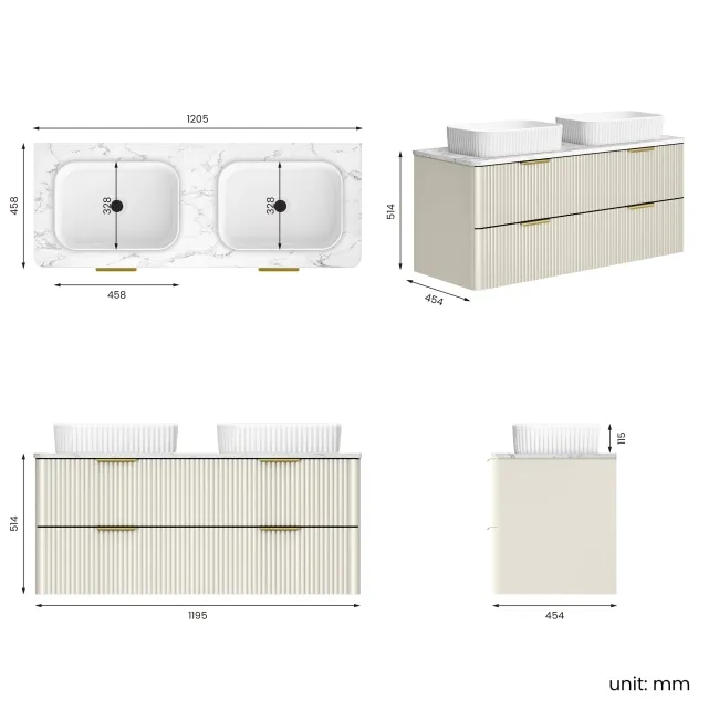 Cadiz Fluted Linen White Double Wall Hung Drawer Vanity with Marble Top & Reno Basin 1200mm - Brushed Brass Accents
