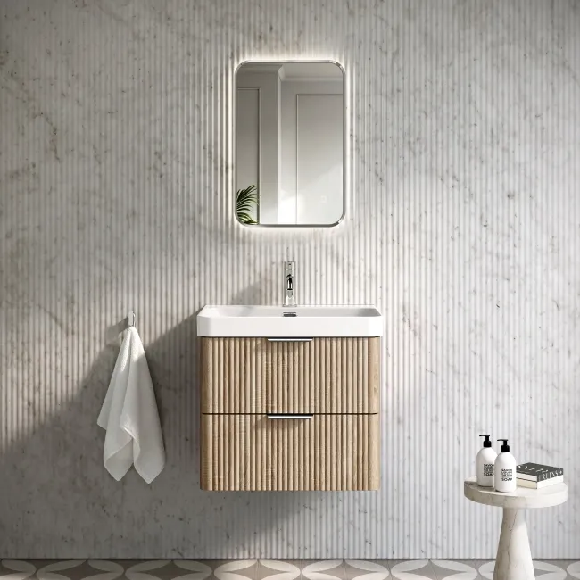 Cadiz Fluted Apex Oak Wall Hung Basin Drawer Vanity 600mm - Chrome Handles