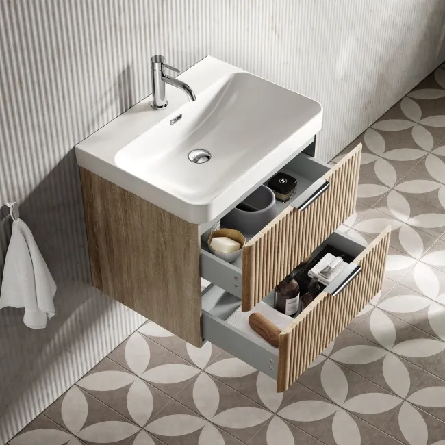 Cadiz Fluted Apex Oak Wall Hung Basin Drawer Vanity 600mm - Chrome Handles