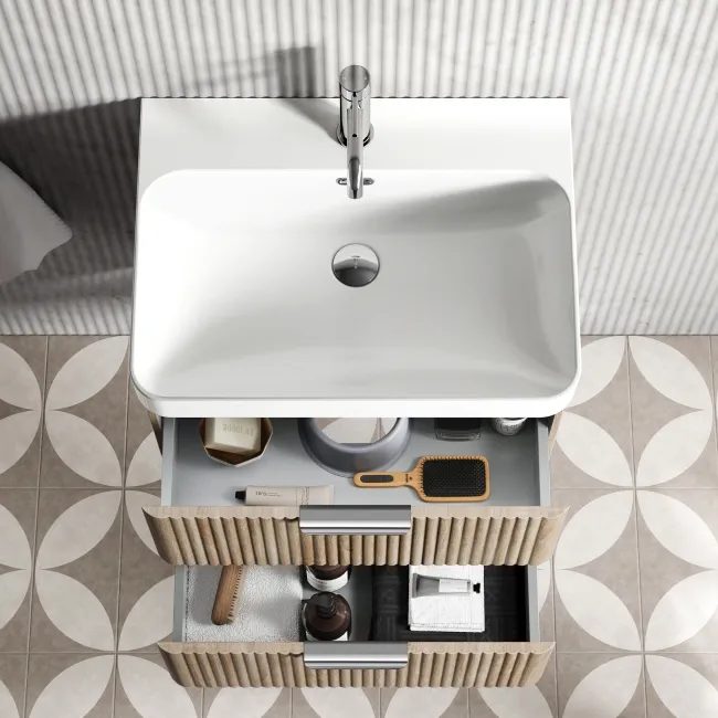 Cadiz Fluted Apex Oak Wall Hung Basin Drawer Vanity 600mm - Chrome Handles