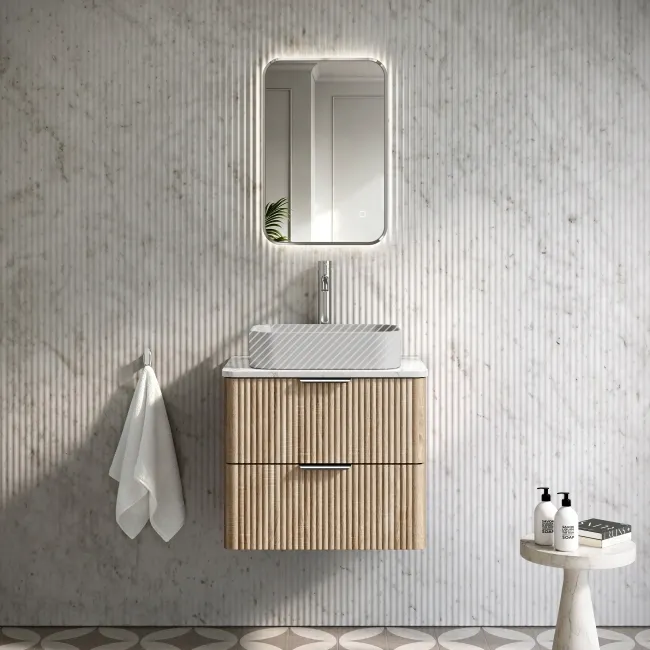 Cadiz Fluted Apex Oak Wall Hung Drawer Vanity with Marble Top 600mm (Excludes Basin) - Chrome Handles