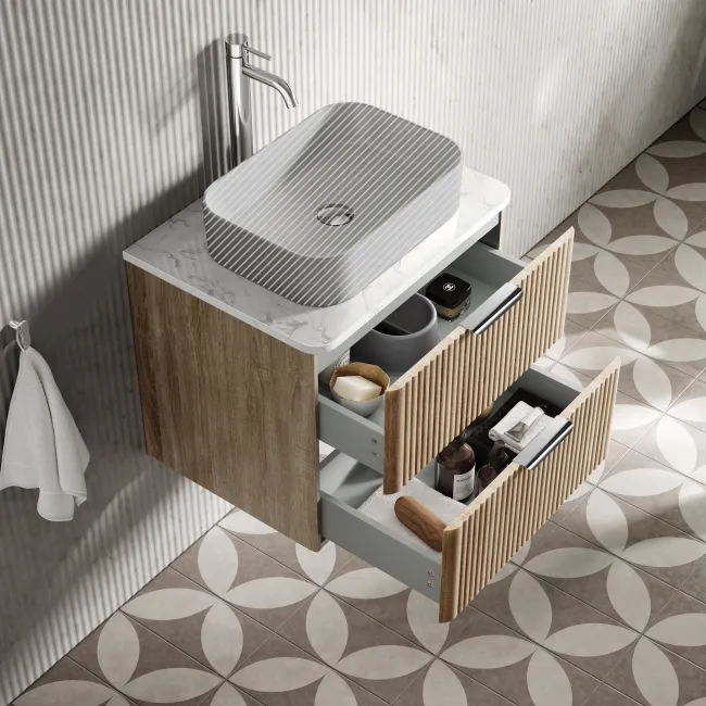 Cadiz Fluted Apex Oak Wall Hung Drawer Vanity with Marble Top 600mm (Excludes Basin) - Chrome Handles