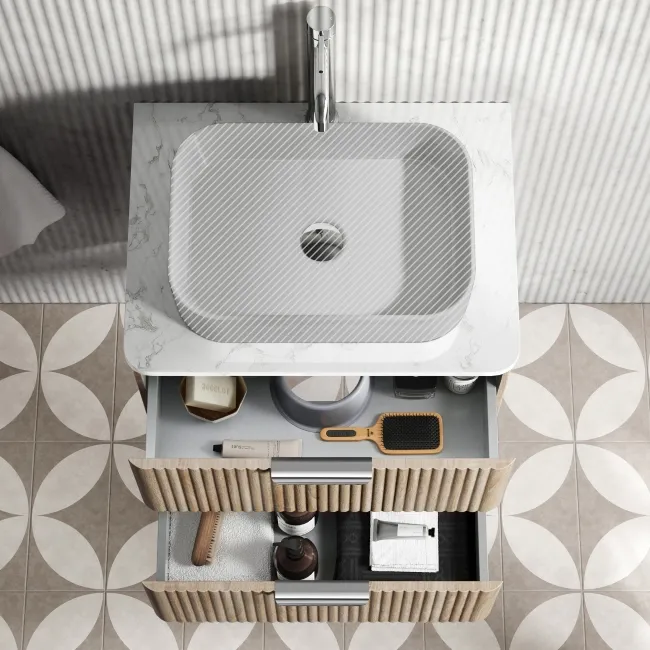 Cadiz Fluted Apex Oak Wall Hung Drawer Vanity with Marble Top 600mm (Excludes Basin) - Chrome Handles