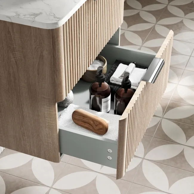 Cadiz Fluted Apex Oak Wall Hung Drawer Vanity with Marble Top & Marin Basin 600mm - Chrome Handles