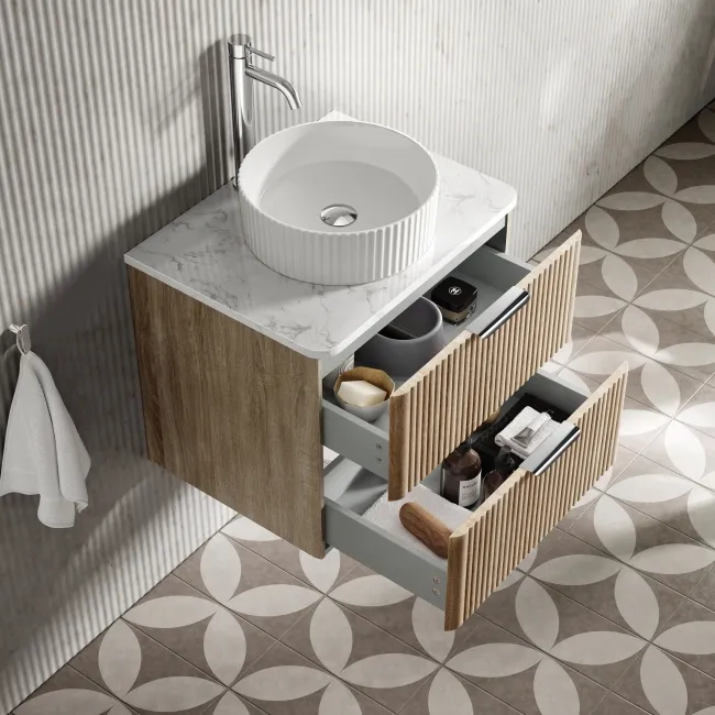 Cadiz Fluted Apex Oak Wall Hung Drawer Vanity with Marble Top & Nevis Basin 600mm - Chrome Handles