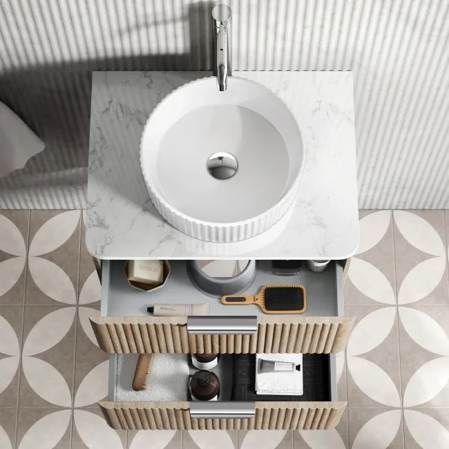 Cadiz Fluted Apex Oak Wall Hung Drawer Vanity with Marble Top & Nevis Basin 600mm - Chrome Handles