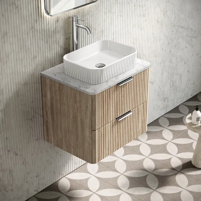 Cadiz Fluted Apex Oak Wall Hung Drawer Vanity with Marble Top & Reno Basin 600mm - Chrome Handles
