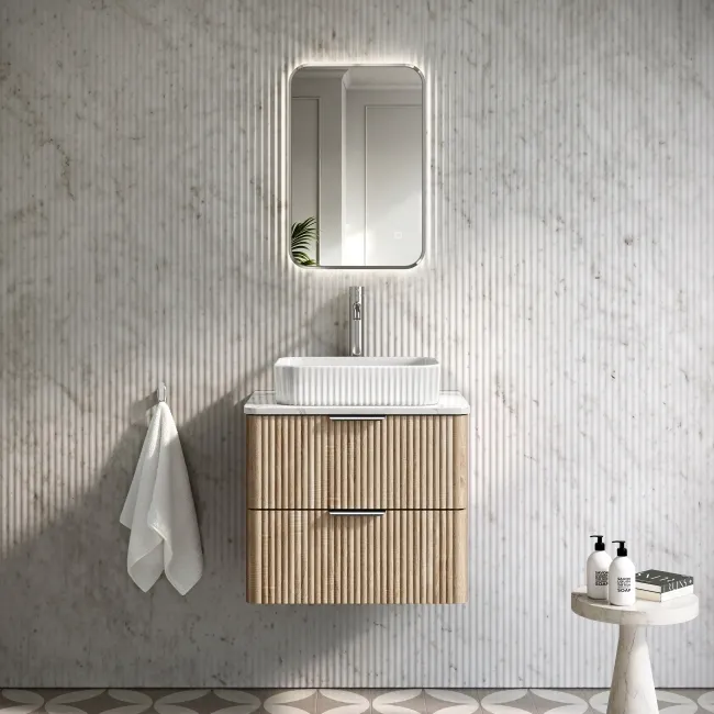 Cadiz Fluted Apex Oak Wall Hung Drawer Vanity with Marble Top & Reno Basin 600mm - Chrome Handles