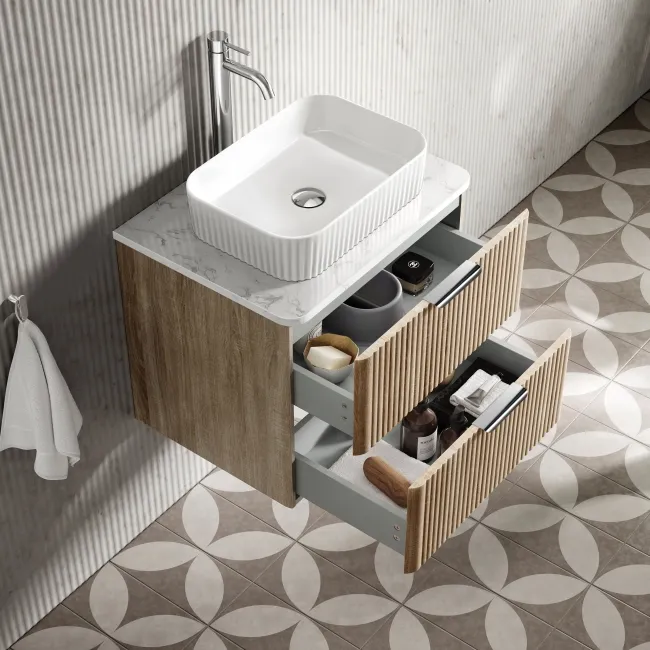 Cadiz Fluted Apex Oak Wall Hung Drawer Vanity with Marble Top & Reno Basin 600mm - Chrome Handles