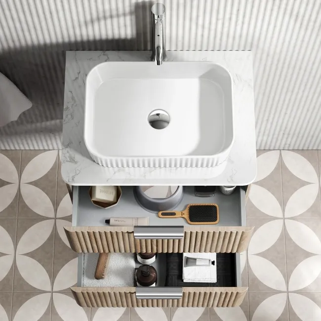 Cadiz Fluted Apex Oak Wall Hung Drawer Vanity with Marble Top & Reno Basin 600mm - Chrome Handles