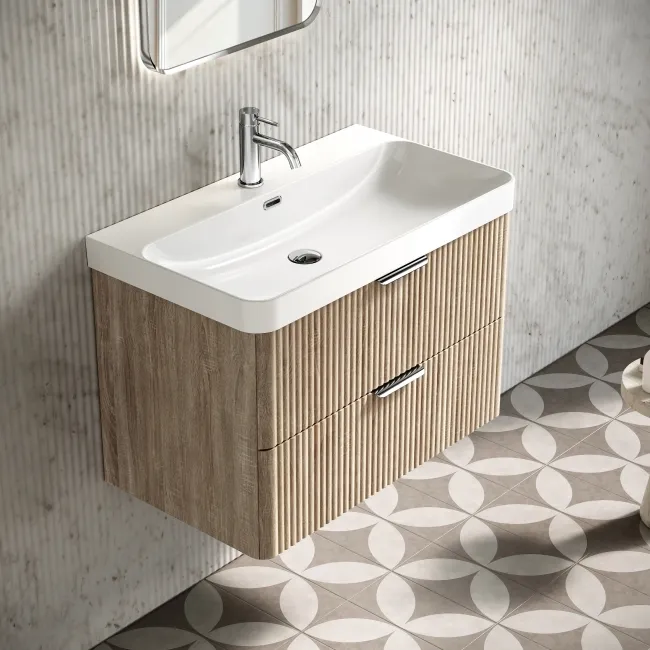 Cadiz Fluted Apex Oak Wall Hung Basin Drawer Vanity 800mm - Chrome Handles
