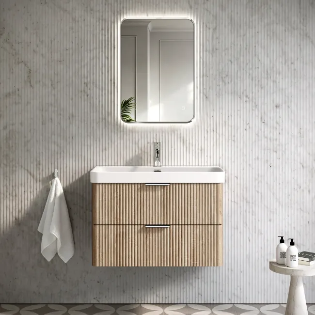 Cadiz Fluted Apex Oak Wall Hung Basin Drawer Vanity 800mm - Chrome Handles