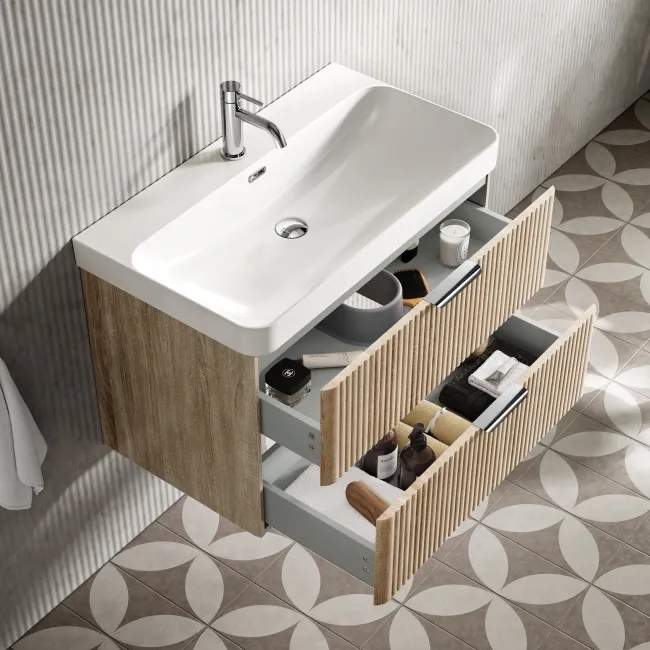 Cadiz Fluted Apex Oak Wall Hung Basin Drawer Vanity 800mm - Chrome Handles