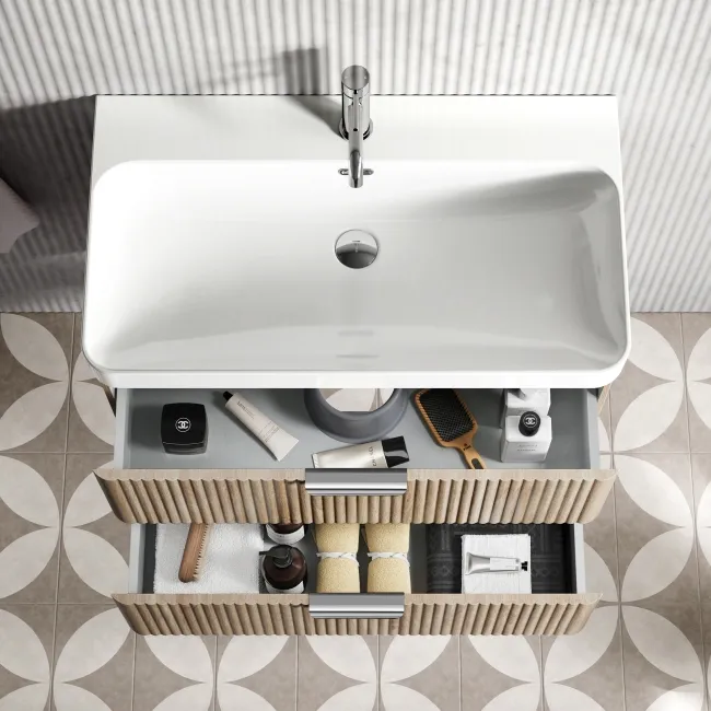 Cadiz Fluted Apex Oak Wall Hung Basin Drawer Vanity 800mm - Chrome Handles