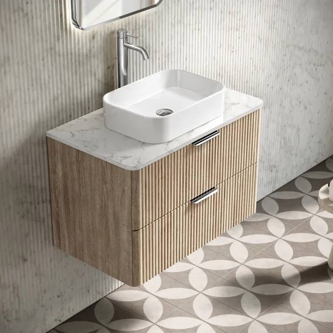Cadiz Fluted Apex Oak Wall Hung Drawer Vanity with Marble Top 800mm (Excludes Basin) - Chrome Handles