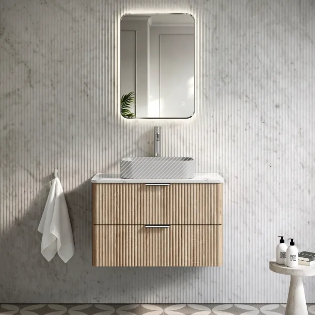 Cadiz Fluted Apex Oak Wall Hung Drawer Vanity with Marble Top 800mm (Excludes Basin) - Chrome Handles