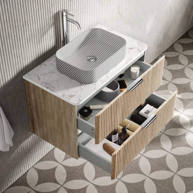 Cadiz Fluted Apex Oak Wall Hung Drawer Vanity with Marble Top 800mm (Excludes Basin) - Chrome Handles