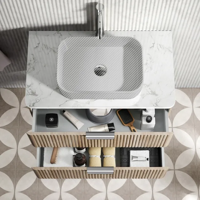 Cadiz Fluted Apex Oak Wall Hung Drawer Vanity with Marble Top 800mm (Excludes Basin) - Chrome Handles