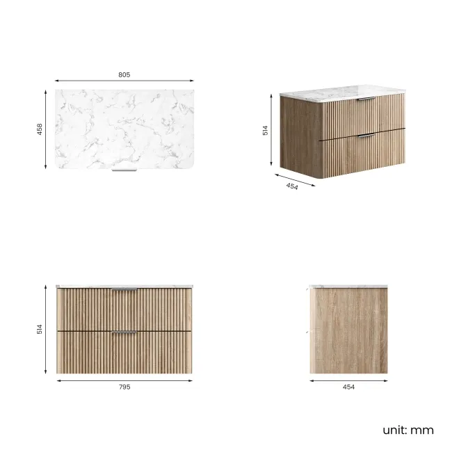 Cadiz Fluted Apex Oak Wall Hung Drawer Vanity with Marble Top 800mm (Excludes Basin) - Chrome Handles