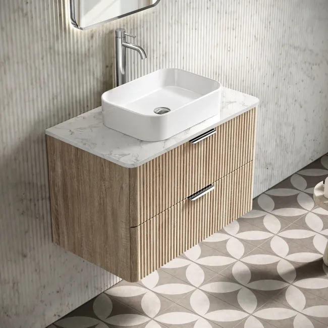 Cadiz Fluted Apex Oak Wall Hung Drawer Vanity with Marble Top & Marin Basin 800mm - Chrome Handles