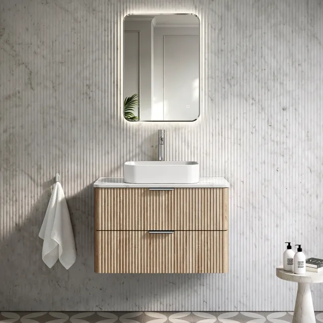 Cadiz Fluted Apex Oak Wall Hung Drawer Vanity with Marble Top & Marin Basin 800mm - Chrome Handles
